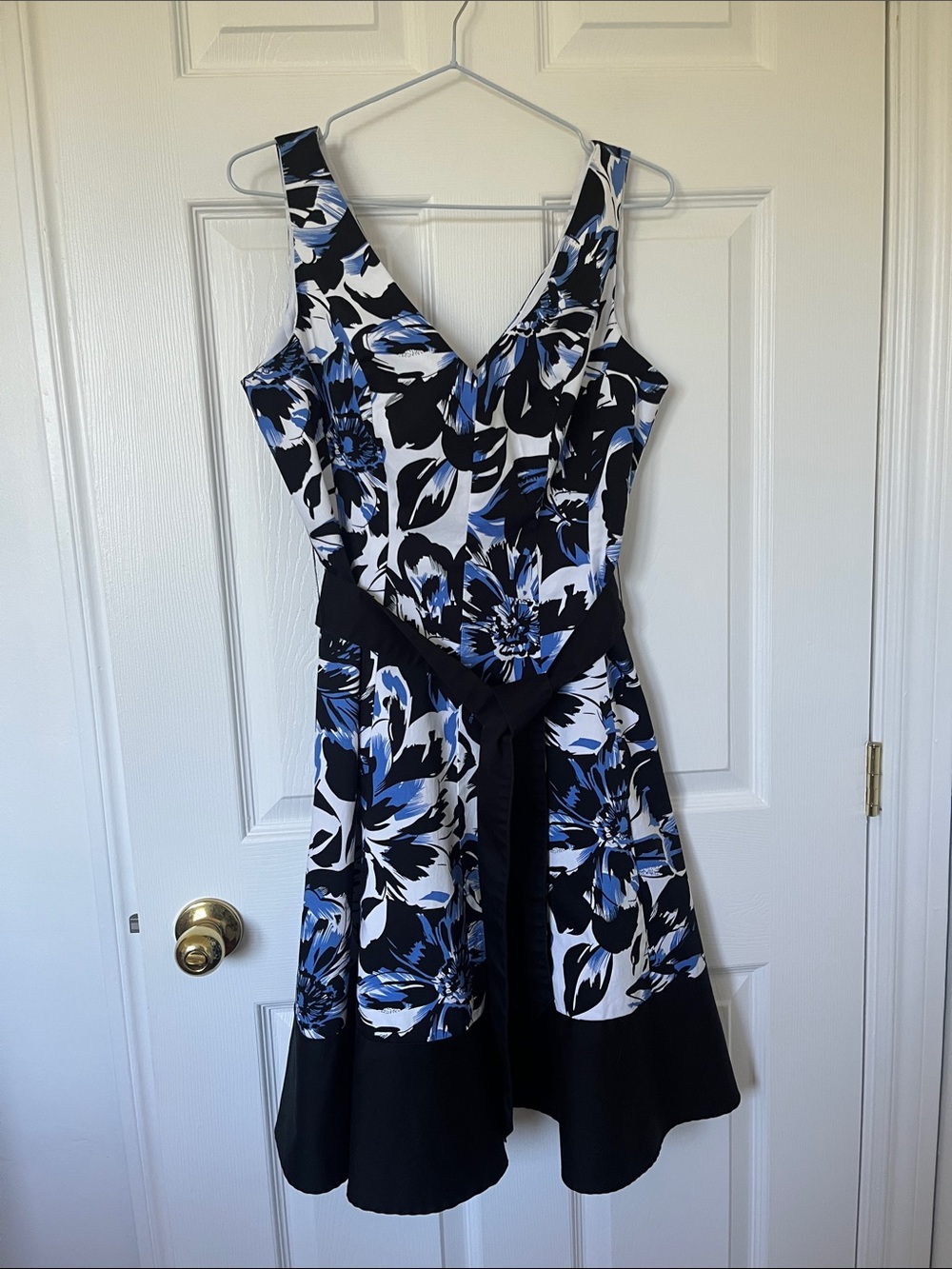 Laura sleeveless Floral Fit-and-Flare Dress in Black, White & Blue